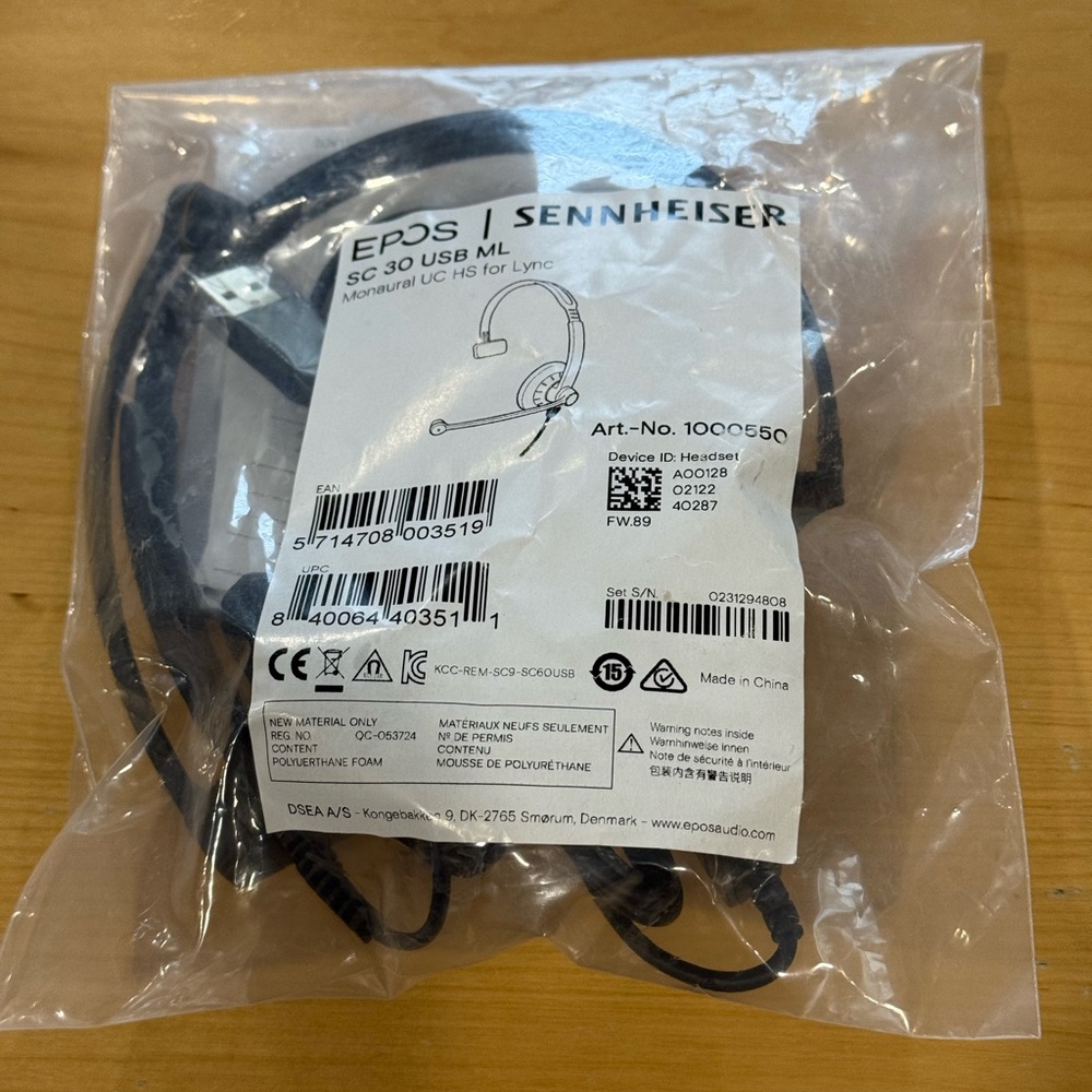 EPOS Sennheiser  SC 30 USB ML Mono UC Headset for Microsoft Lync 1000550 New